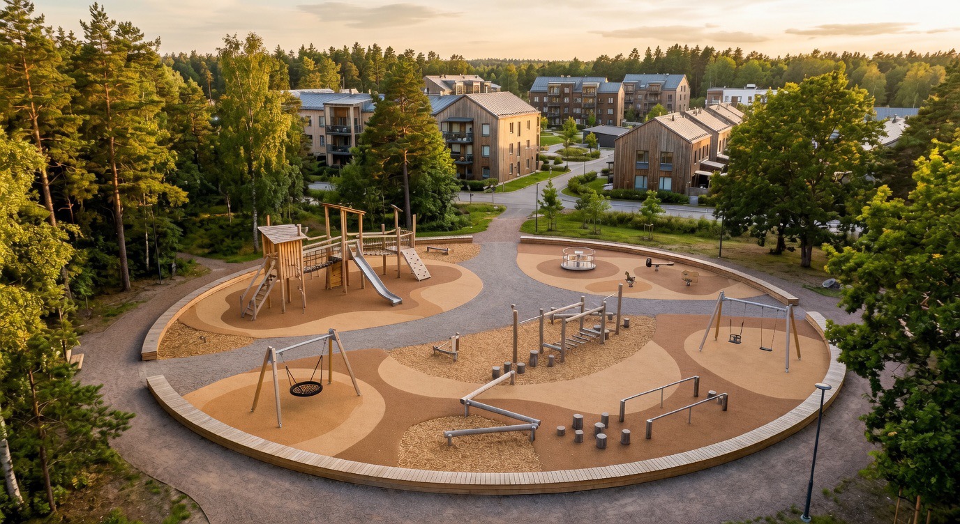 Lekplats ovanifrån med klätterställning, gungor och fallunderlag i ett bostadsområde